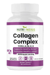 Front view of NUTRI-NEXUS Multi Collagen Peptides bottle showing types I-V-X