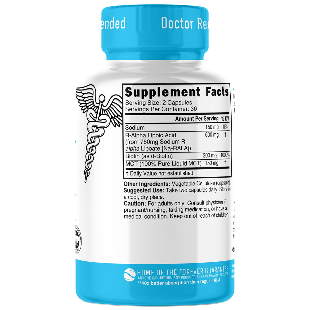 Close-up of R Alpha Lipoic Acid 600mg capsules bottle