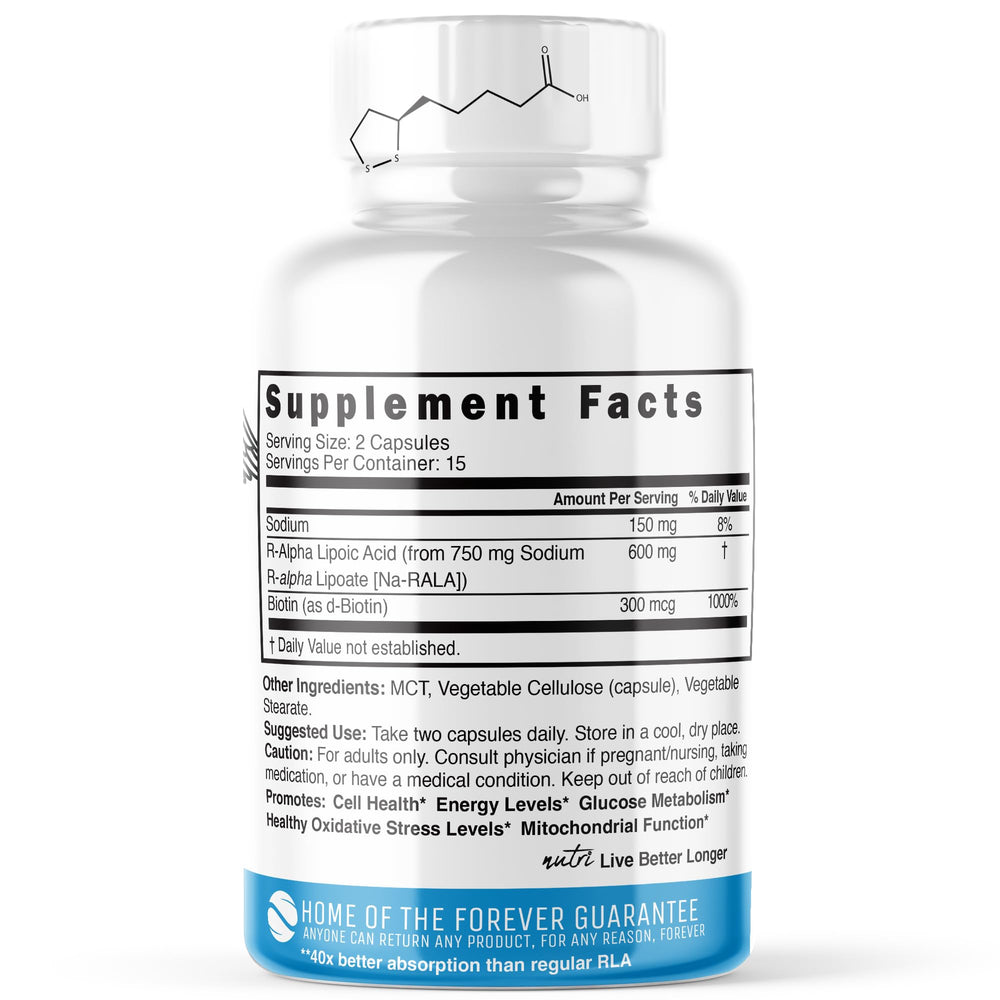 Close-up of R-ALA 600mg capsules showing Biotin content