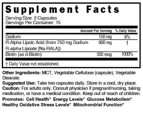 Supplement facts style image of R-ALA 600mg with Biotin
