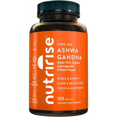 NutriRise Organic Ashwagandha Root Capsules bottle with Black Pepper