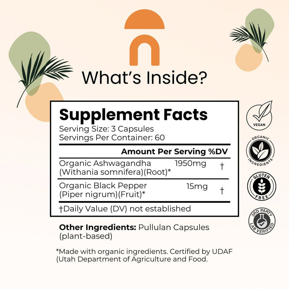 Label showing 1300mg ashwagandha root extract per serving
