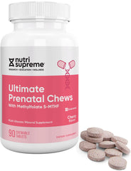 Nutri Supreme Prenatal Vitamin cherry-flavor chewable tablets close-up