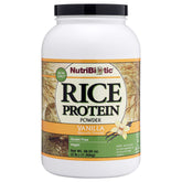 NutriBiotic Vanilla Rice Protein bottle front showing label and vanilla protein features for shakes