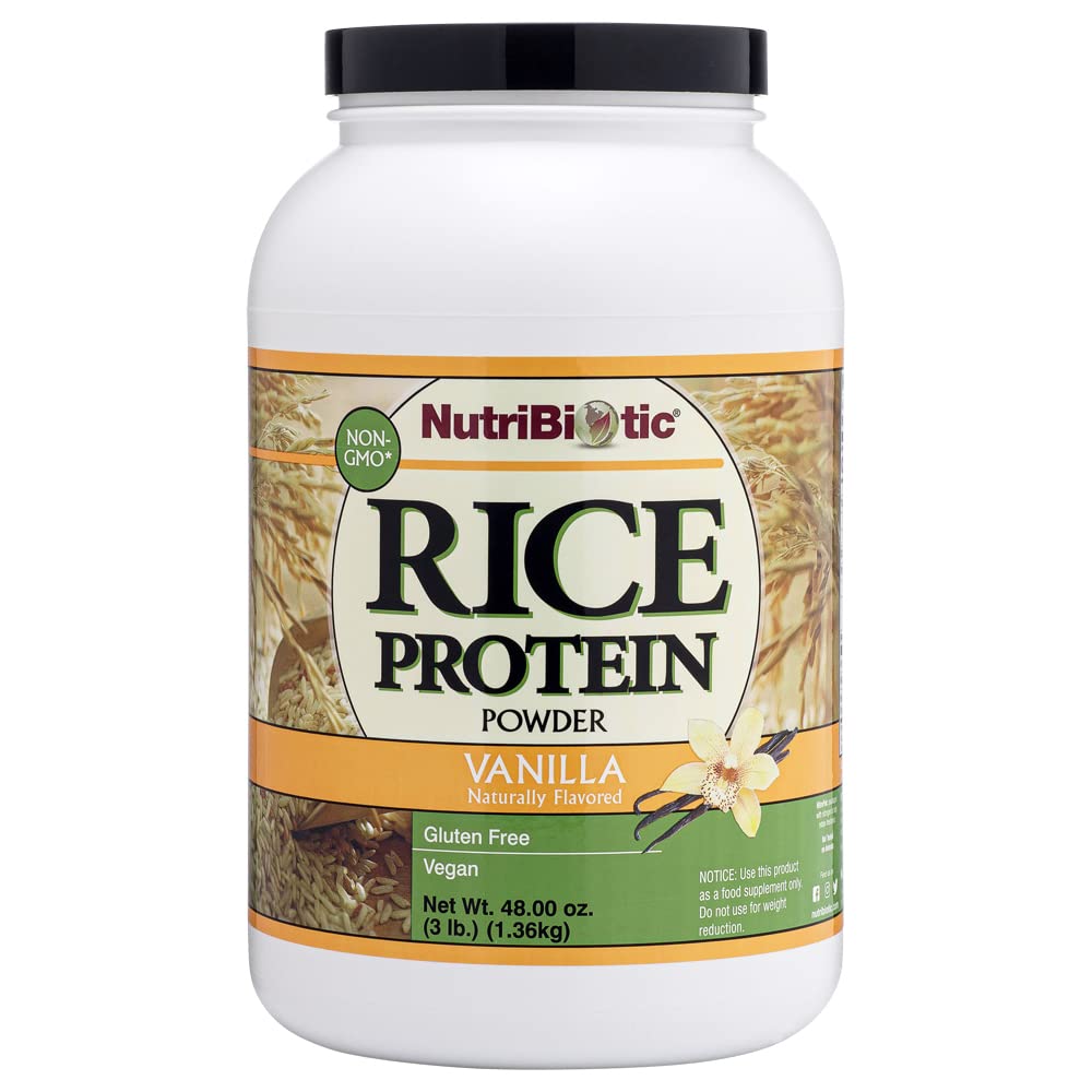 NutriBiotic Vanilla Rice Protein bottle front showing label and vanilla protein features for shakes