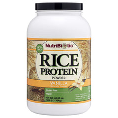 NutriBiotic Vanilla Rice Protein bottle front showing label and vanilla protein features for shakes