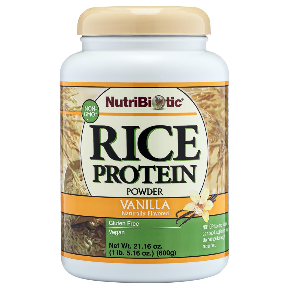 NutriBiotic Vanilla Rice Protein bottle shows vegan, gluten-free nutrition for daily use.