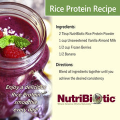 NutriBiotic Vanilla Rice Protein nutrition facts panel emphasizes protein content and certifications.