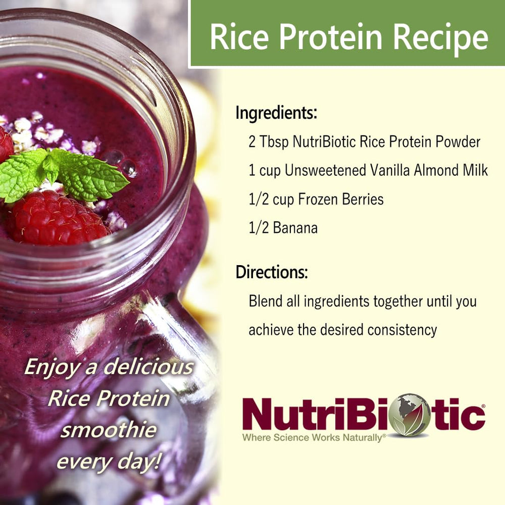 NutriBiotic Vanilla Rice Protein packaging close-up highlights vegan, gluten-free, and GMO-free claims.
