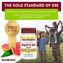 NutriBiotic GSE tablets bottle with dosage information on label