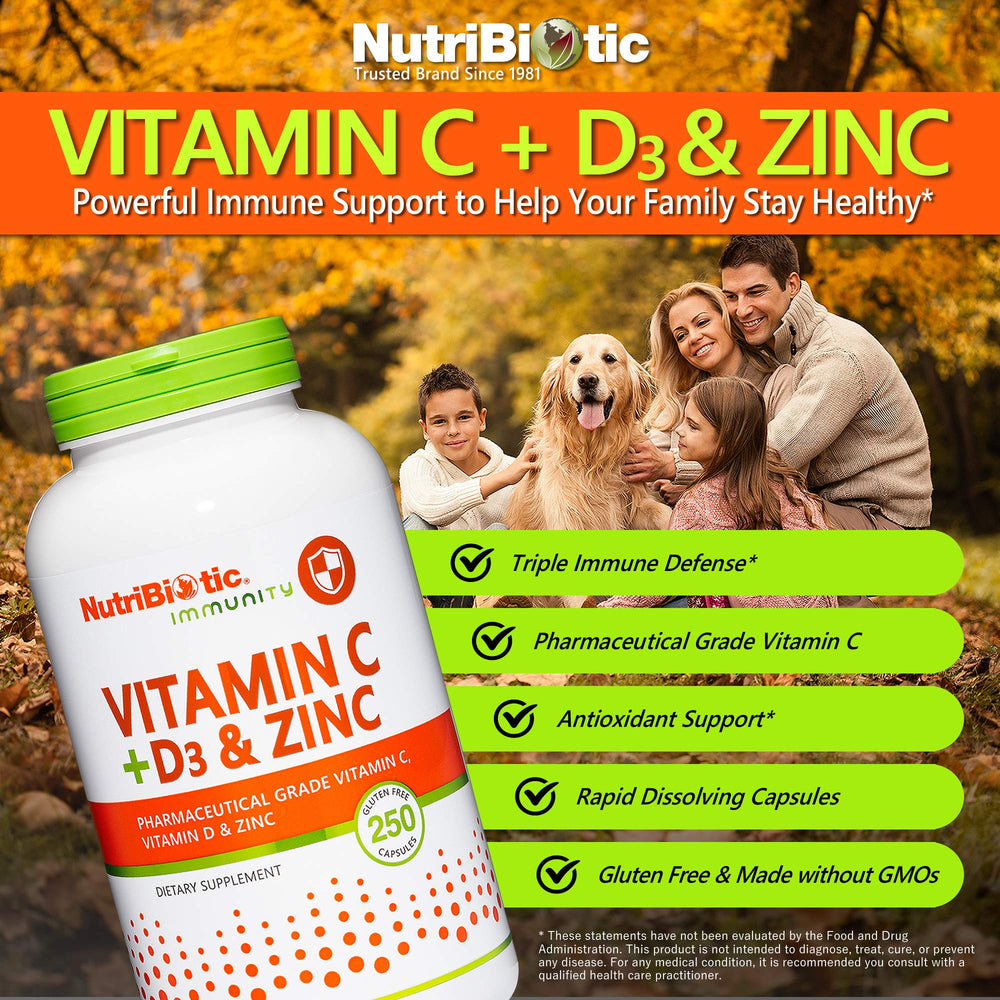 Close-up of Vitamin C + D3 & Zinc capsules