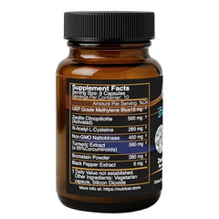 Close-up of ingredients list showing methylene blue, NAC, and turmeric