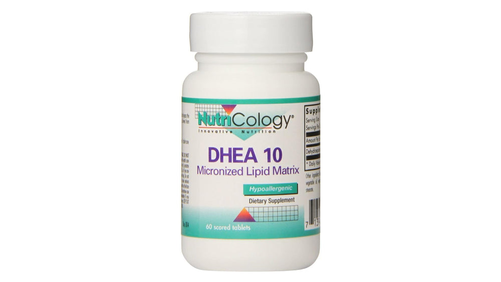 Front view of Nutricology DHEA 10 mg Sustained Release Tablets bottle label