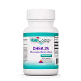 Bottle label showing Nutricology DHEA 25mg micronized DHEA in a lipid matrix