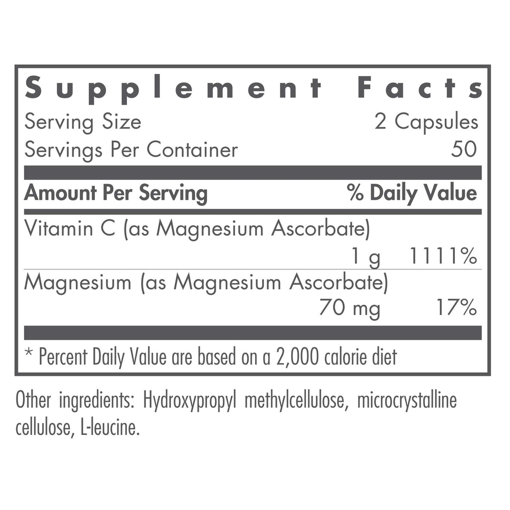 Close-up of Nutricology buffered Vitamin C 1000mg label