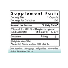 Vitamin E Succinate 400 IU bottle label – Nutricology