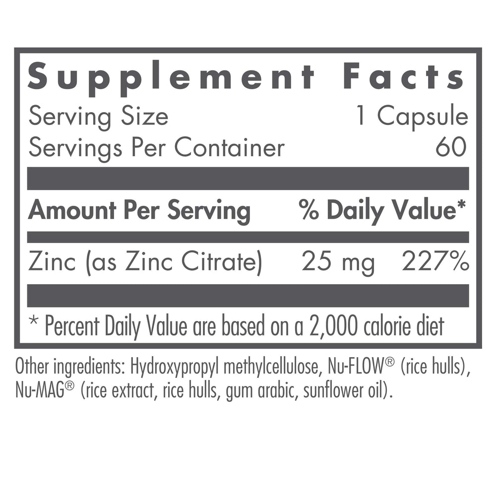 Nutricology Zinc Citrate 25 mg bottle back panel with supplement facts