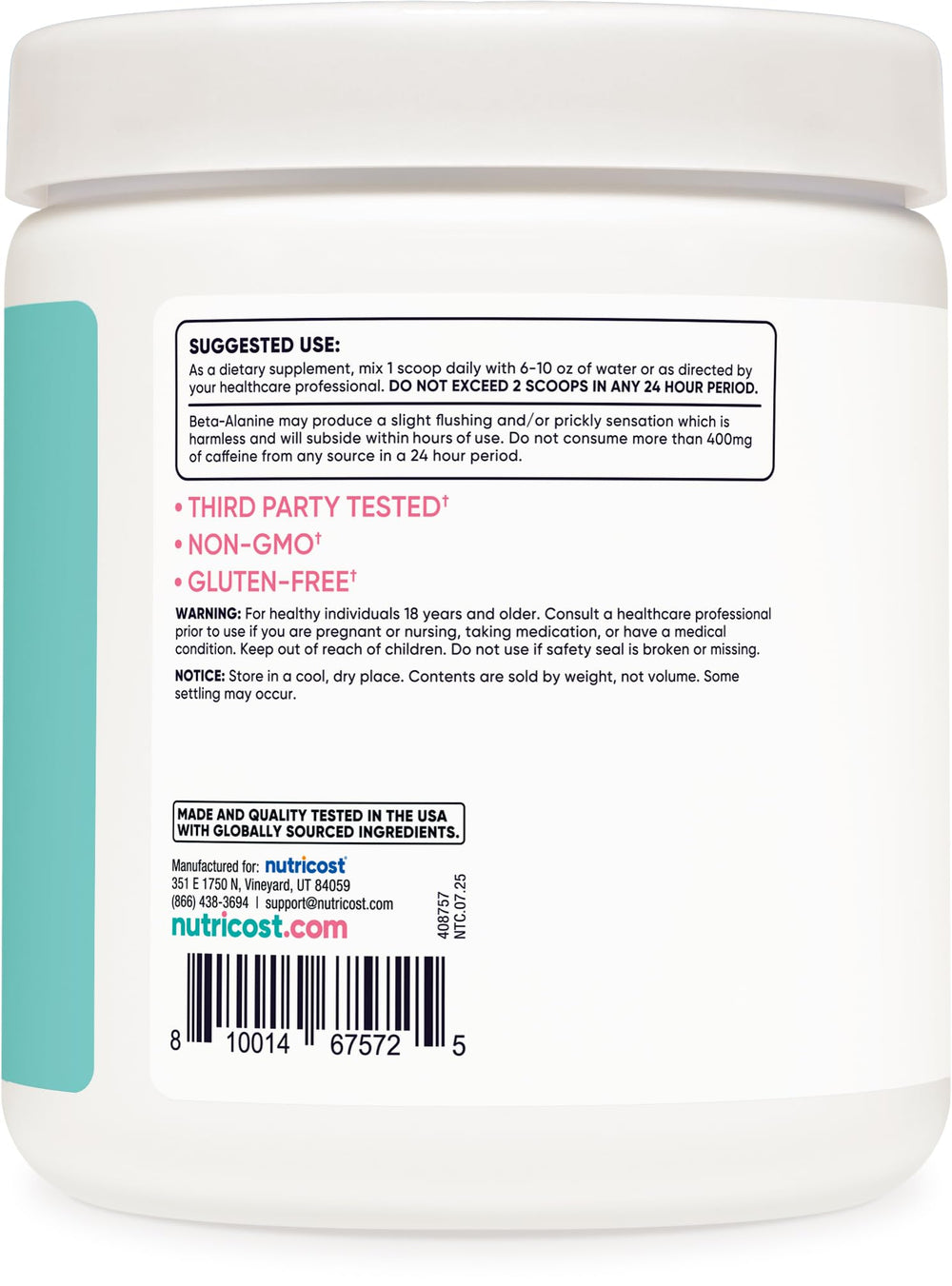 Nutricost 30-serving tub label emphasizing quality and wellness
