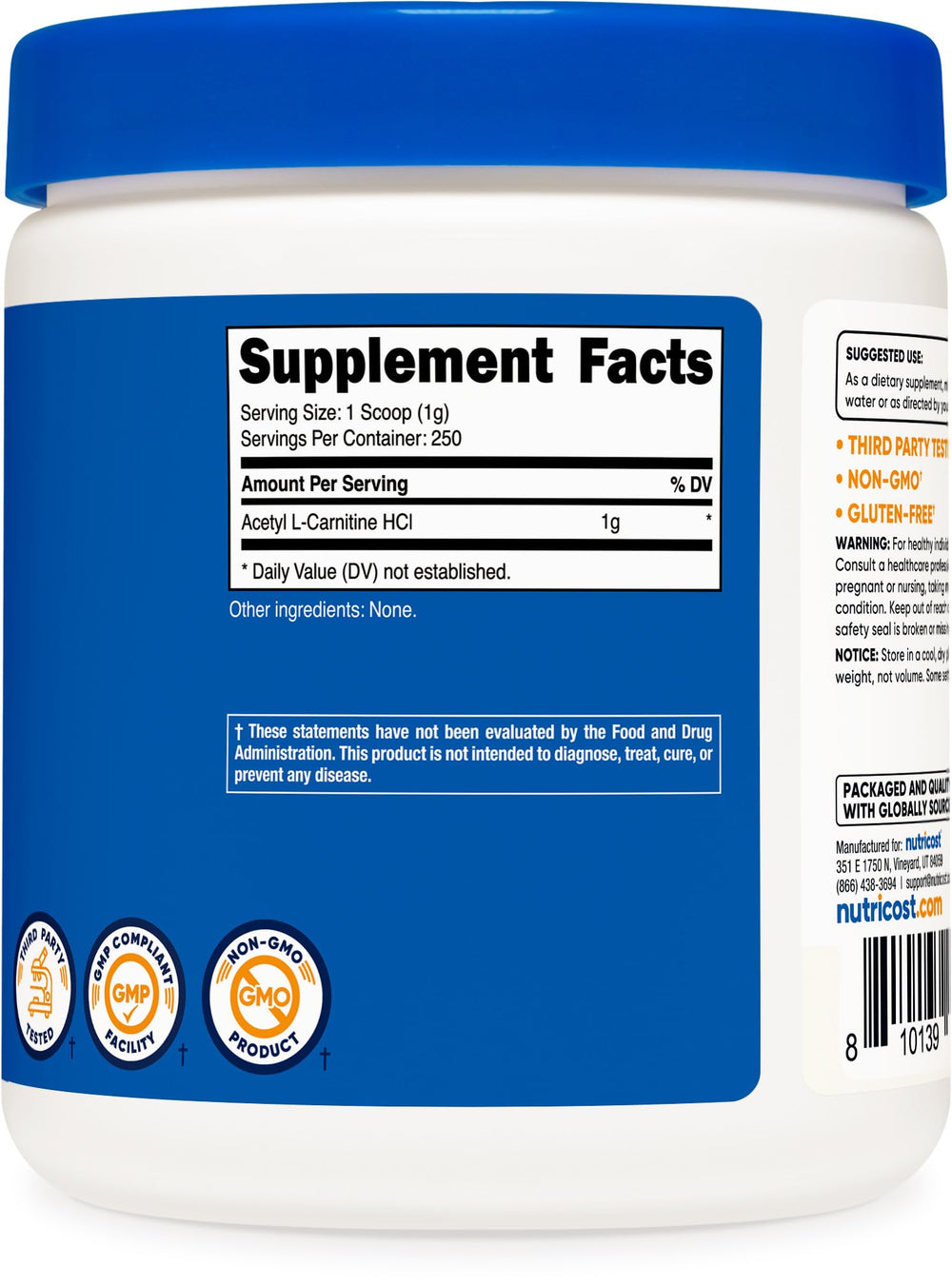 Packaging image of Nutricost Acetyl L-Carnitine ALCAR powder 250g