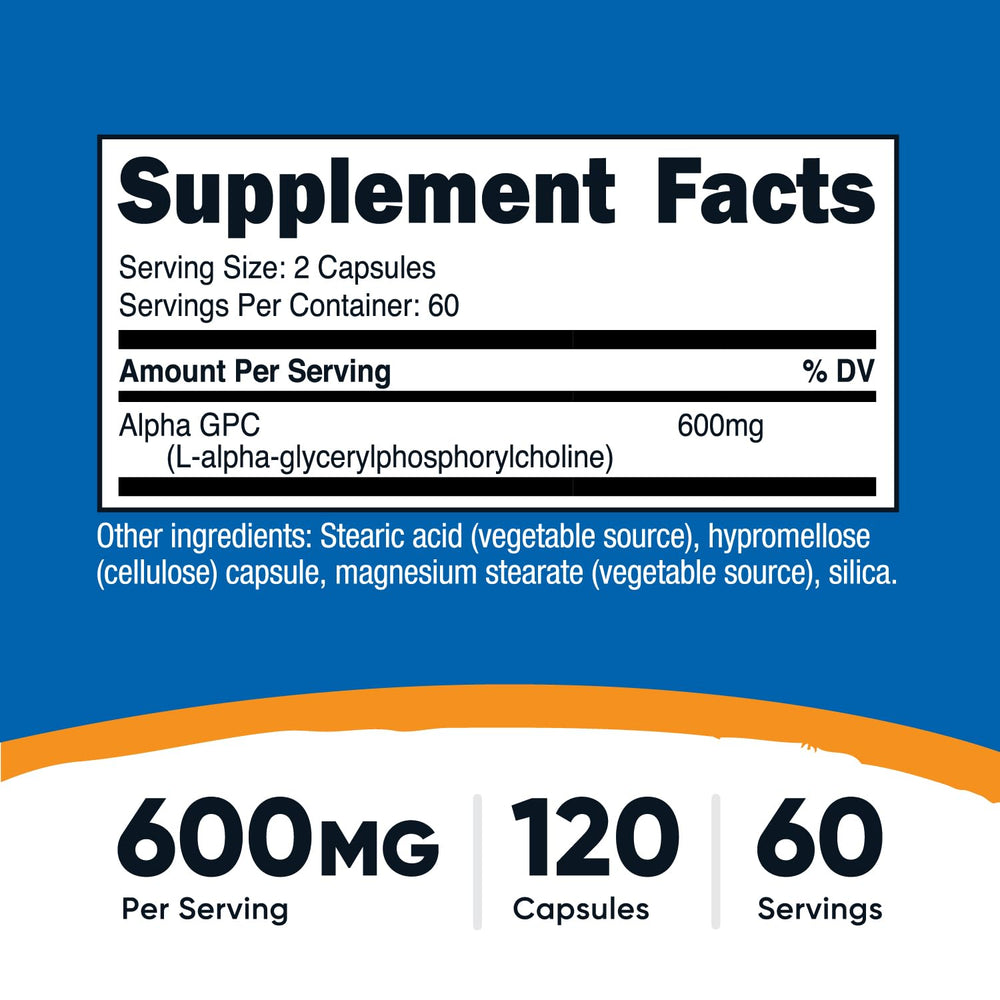 Alpha GPC 600mg capsules close-up inside bottle