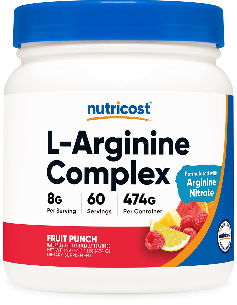 Nutricost L-Arginine Complex Powder Fruit Punch label showing 60 servings