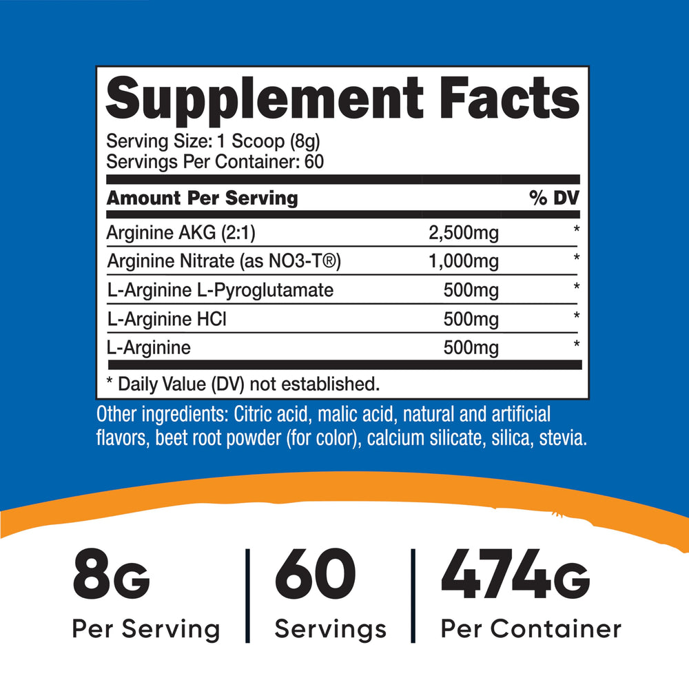 Fruit Punch flavor powder close-up for Nutricost L-Arginine Complex