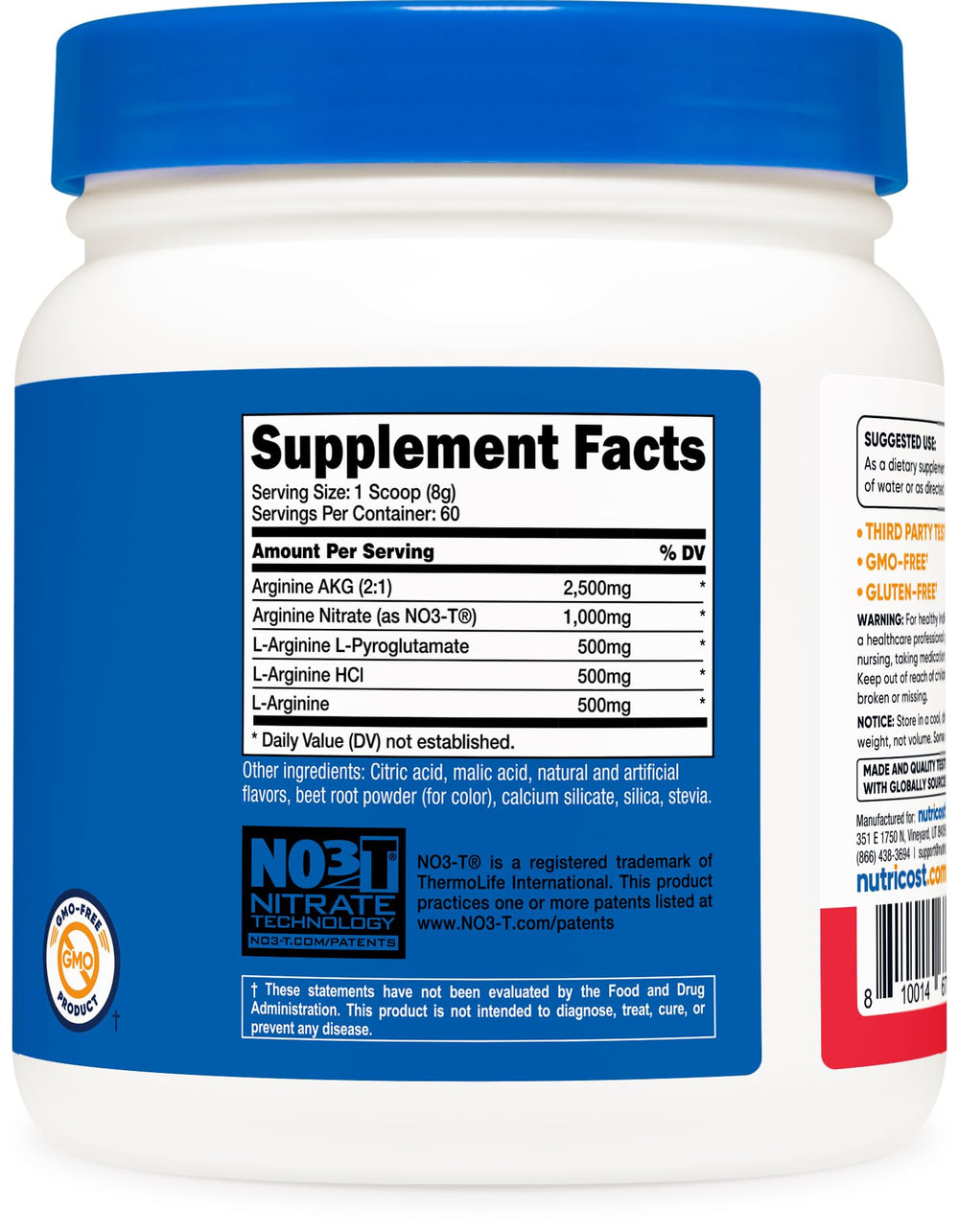 Certificate of third-party testing and GMP facility insignia for Nutricost L-Arginine Complex