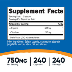 Close-up of Nutricost L-Arginine L-Citrulline Complex bottle with 240 capsules