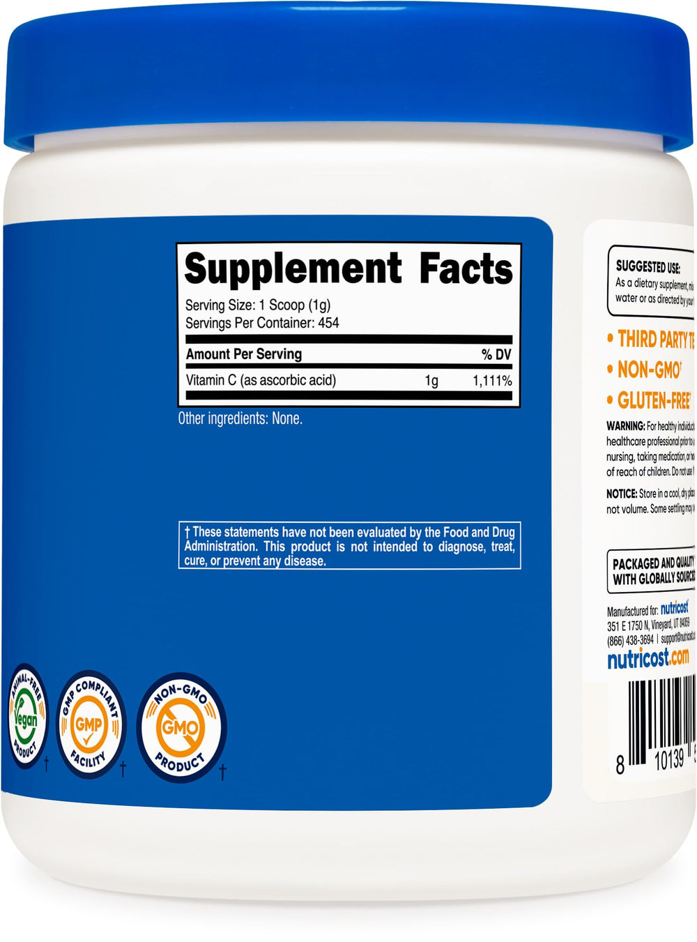 Non-GMO, gluten-free vitamin C powder packaging