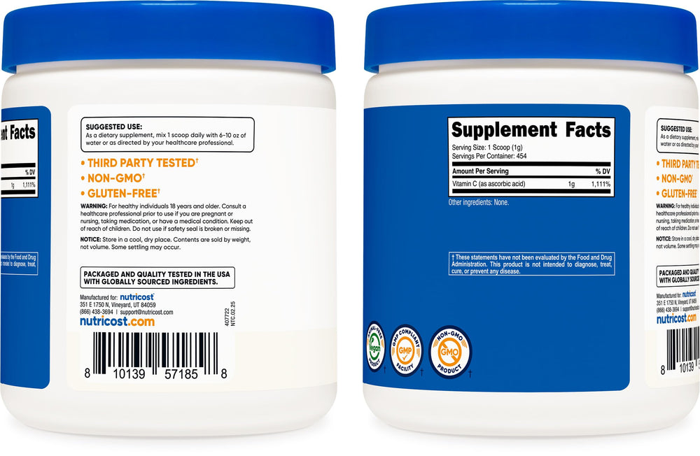 Third-party tested Nutricost Ascorbic Acid Powder label