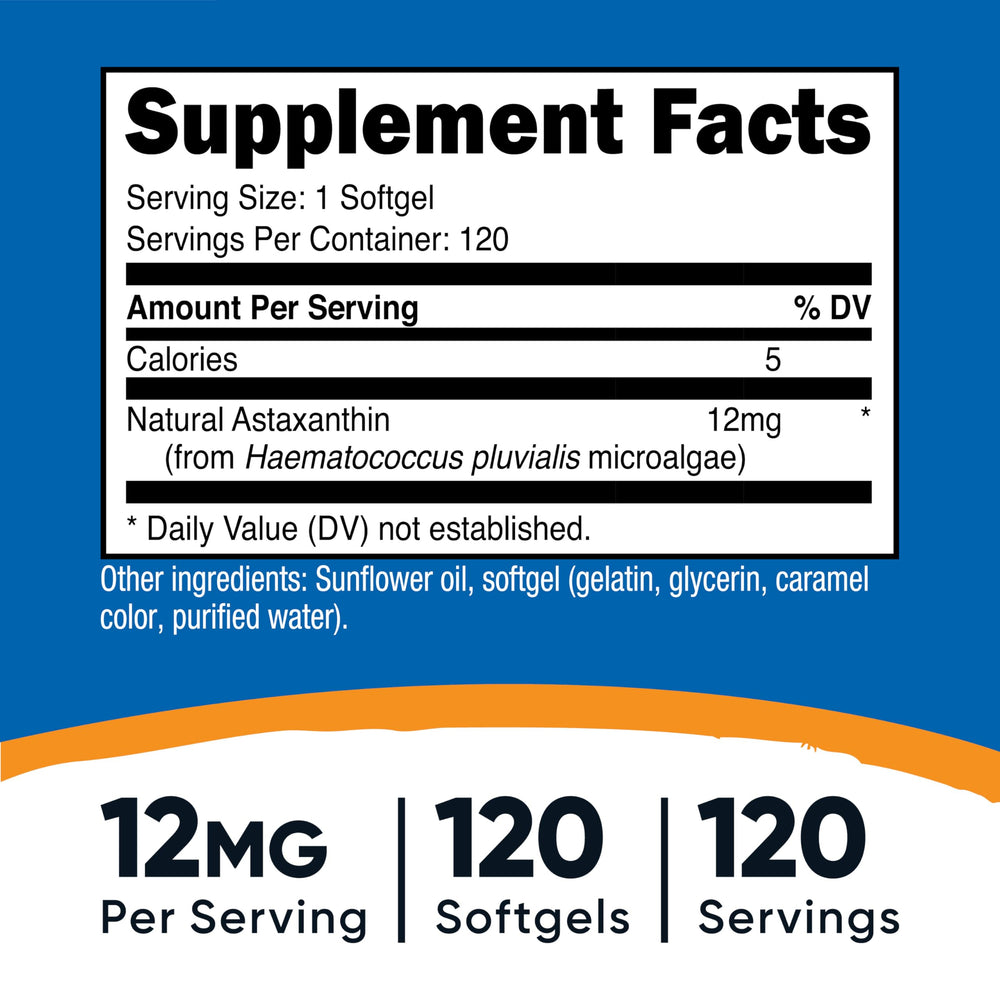 Label on Nutricost Astaxanthin 12mg showing non-GMO and gluten-free