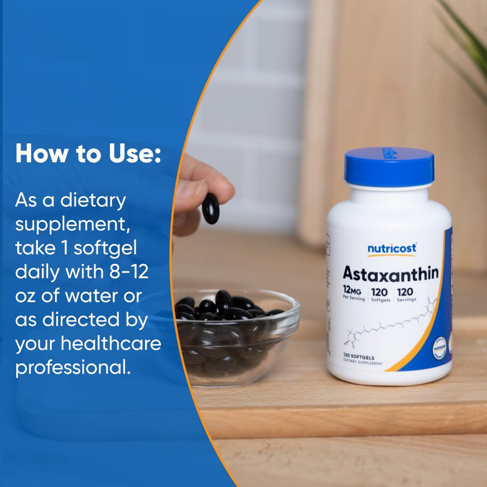 Side view of Nutricost Astaxanthin 12mg bottle