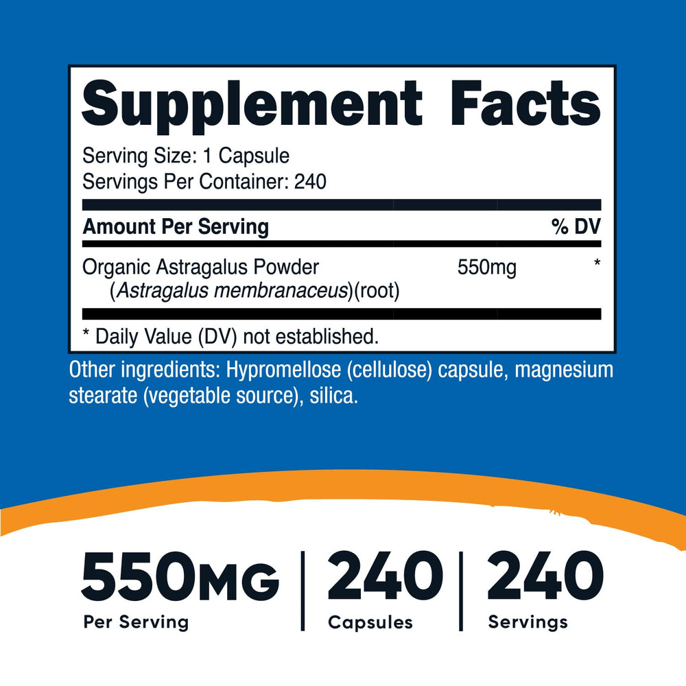 Label showing 550mg per Astragalus capsule