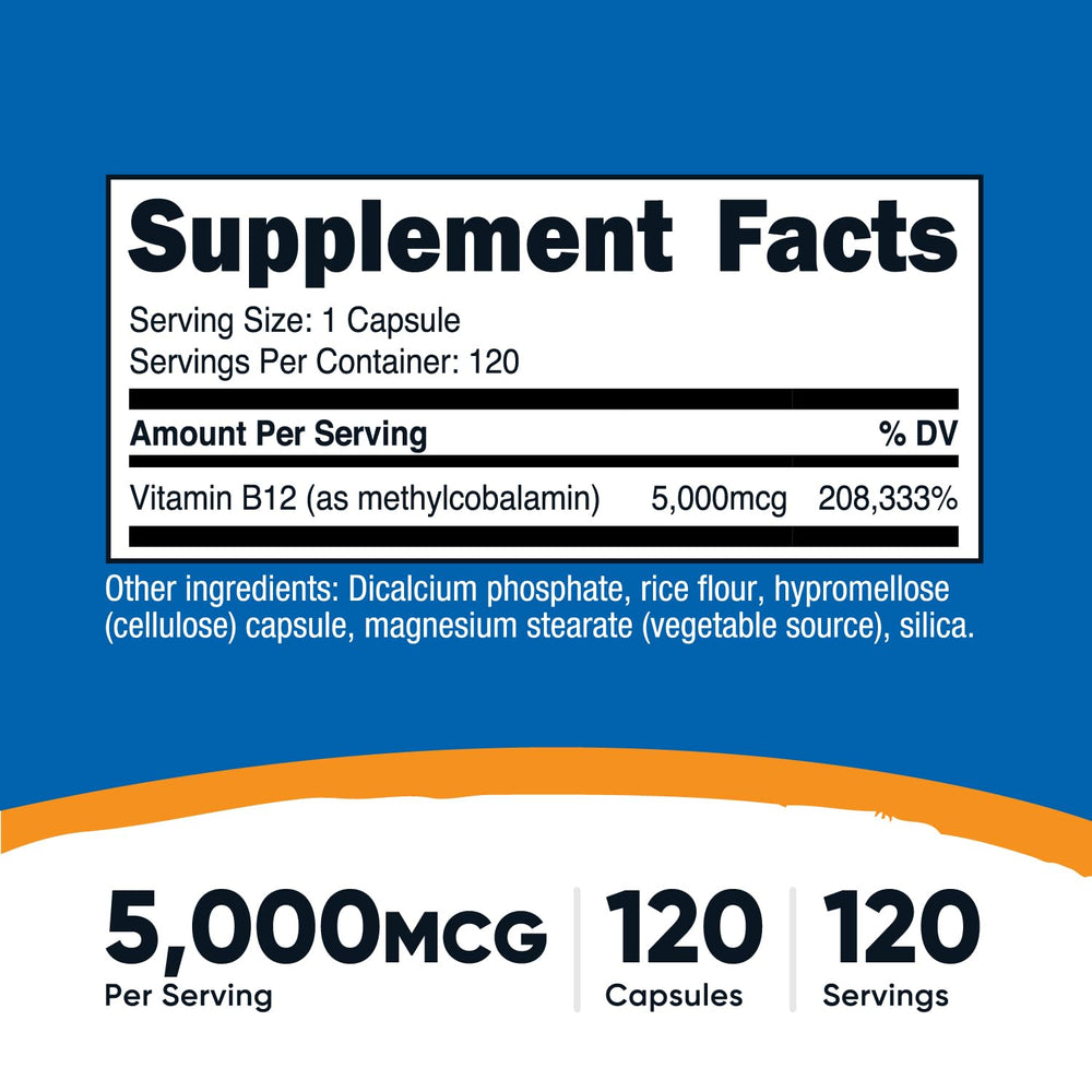 Close-up of Nutricost B12 methylcobalamin 5000mcg capsules