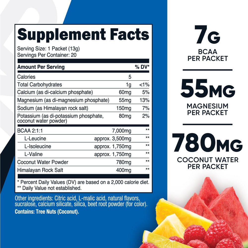 Nutrition label and serving size of Nutricost BCAA+ Hydration Fruit Punch