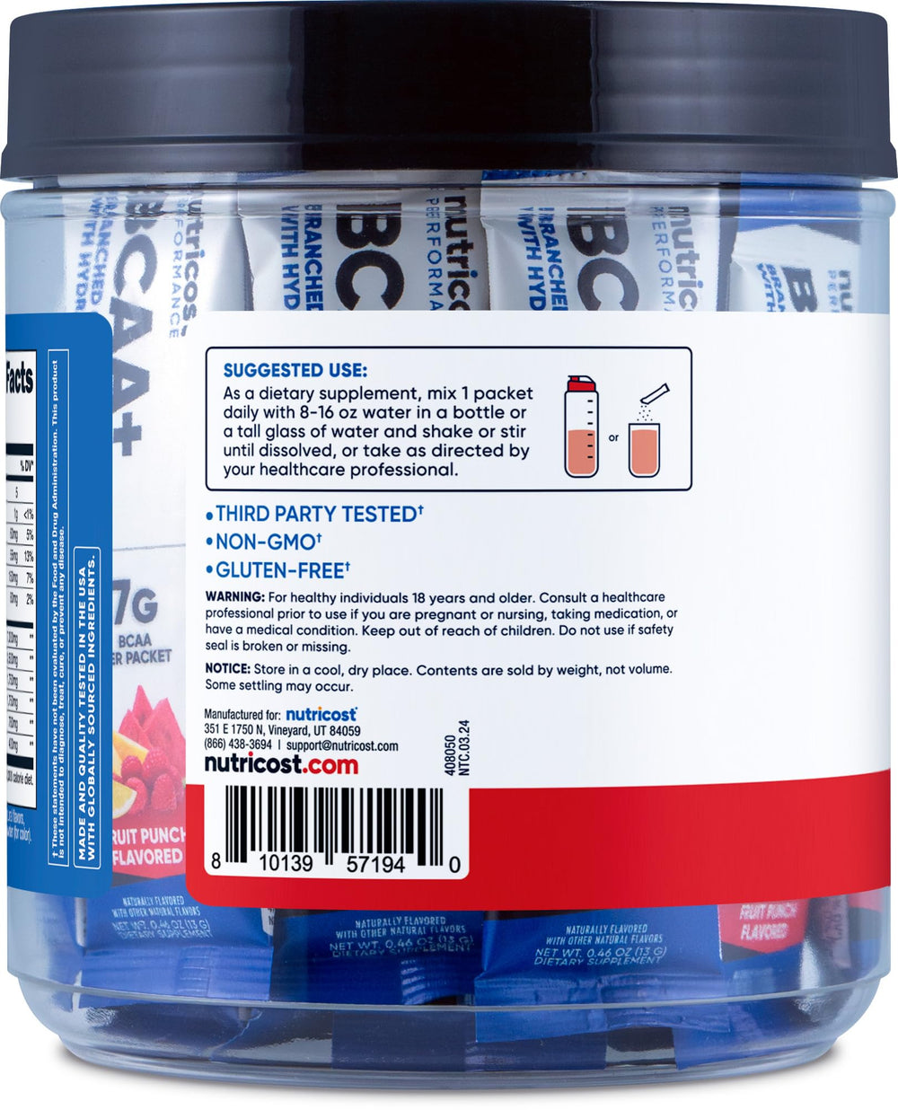 Back packaging of Nutricost BCAA+ Hydration Fruit Punch stickpack