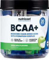 Nutricost BCAA+ Hydration Green Apple flavor container with 20 stickpacks