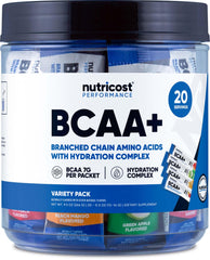 Nutricost BCAA+ Hydration Variety Pack - front view with 20-stickpack box