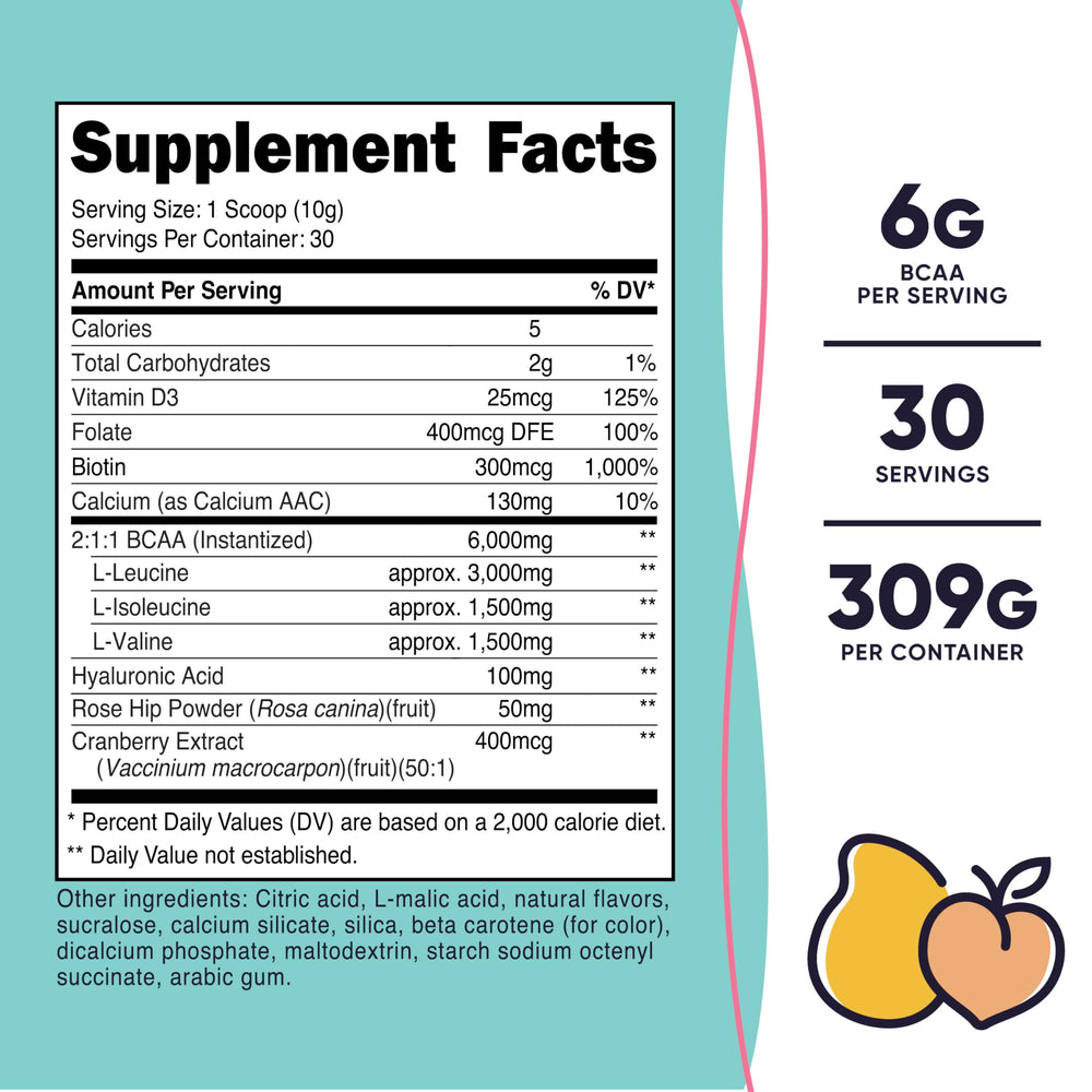 Close-up of Nutricost BCAA for Women Peach Mango bottle