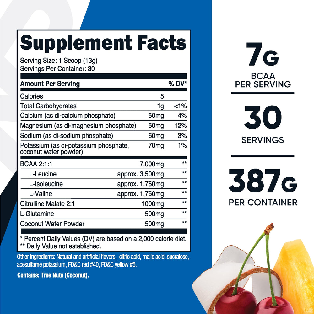 Back label with supplement facts for Nutricost BCAA + Hydration Tropical Punch