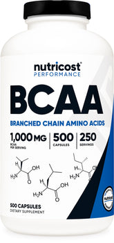 Nutricost BCAA 1000mg bottle – 500 capsules, 250 servings