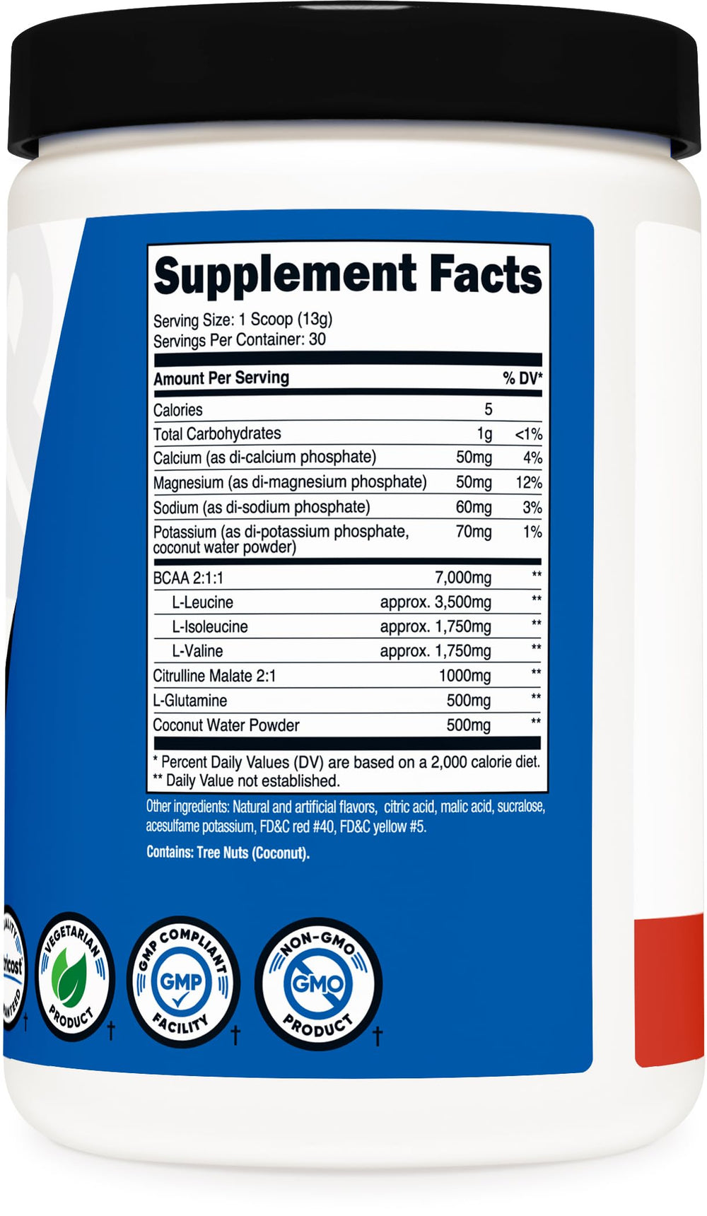 Close-up of Nutricost BCAA + Hydration Tropical Punch ingredients and label for quality