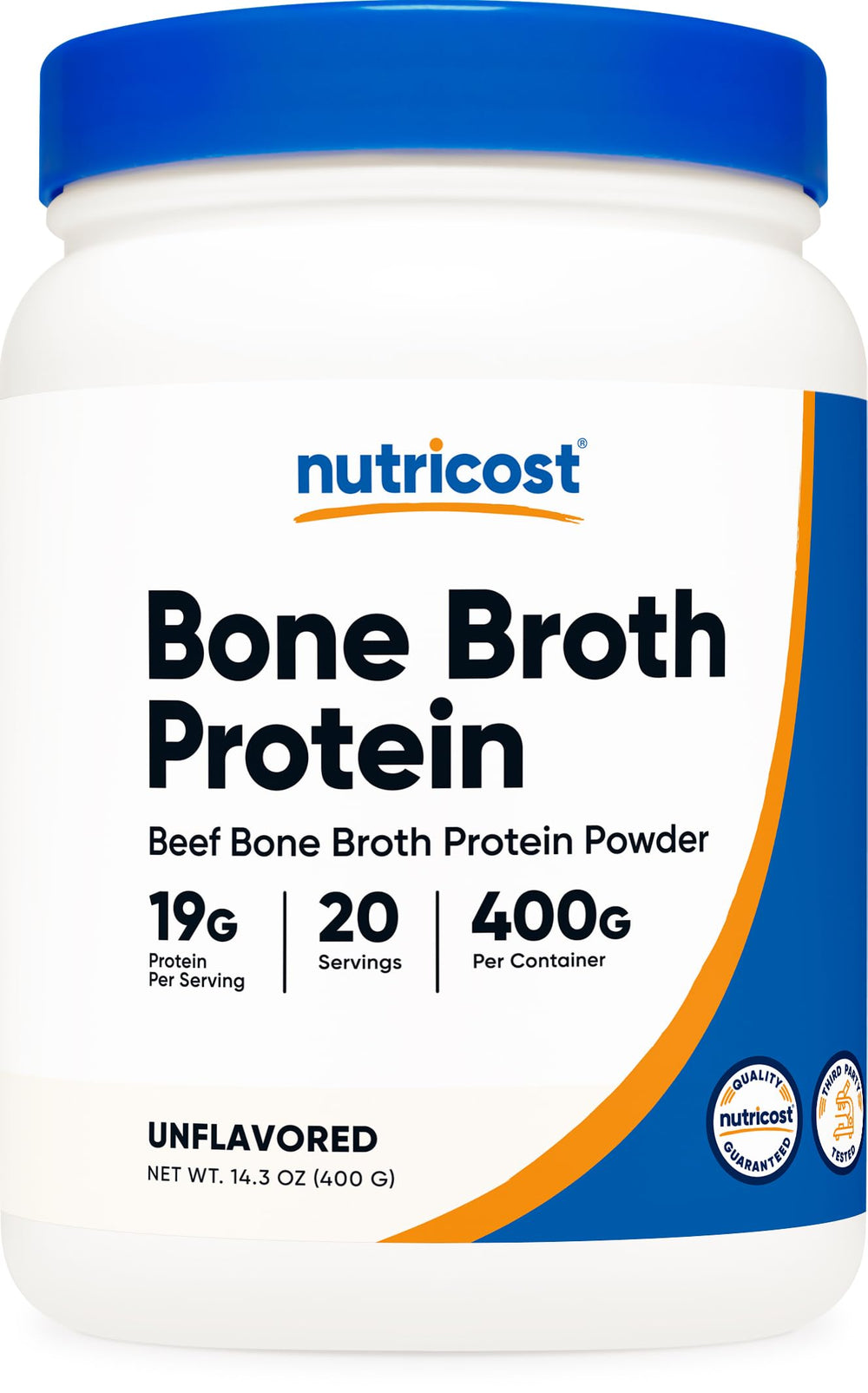 Nutricost beef bone broth protein powder container closeup for an easy daily protein boost