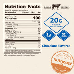 Nutricost beef protein isolate powder chocolate nutrition panel emphasizes 20 g per serving for steady nutrition.