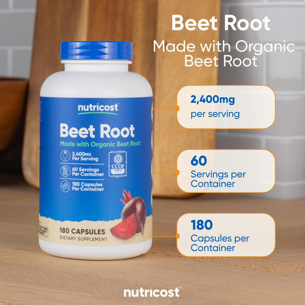 Bottle close-up of Nutricost Beet Root 2400mg 180 capsules