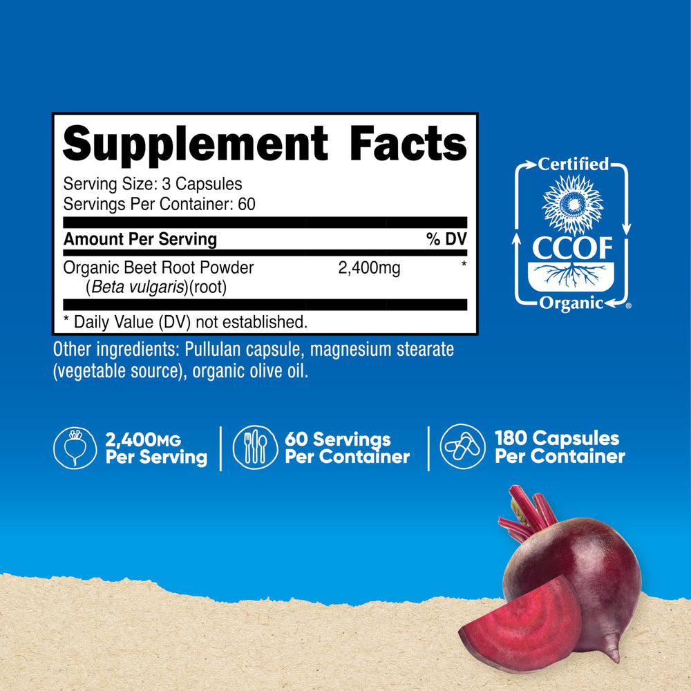 Close-up label on Nutricost Beet Root 2400mg bottle