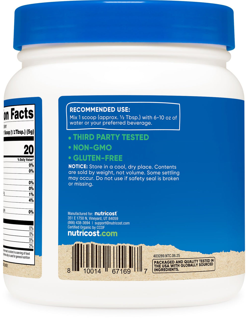 Organic USDA Organic label on Nutricost Beet Root Powder bottle