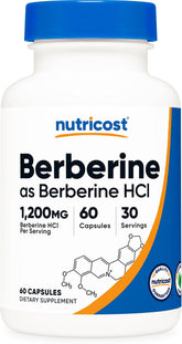 Nutricost Berberine HCl 1200mg bottle label with 60 vegetarian capsules