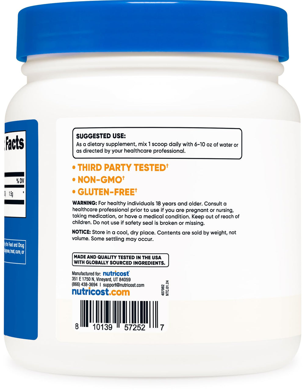 Nutrition label close-up for Betaine Anhydrous (TMG)