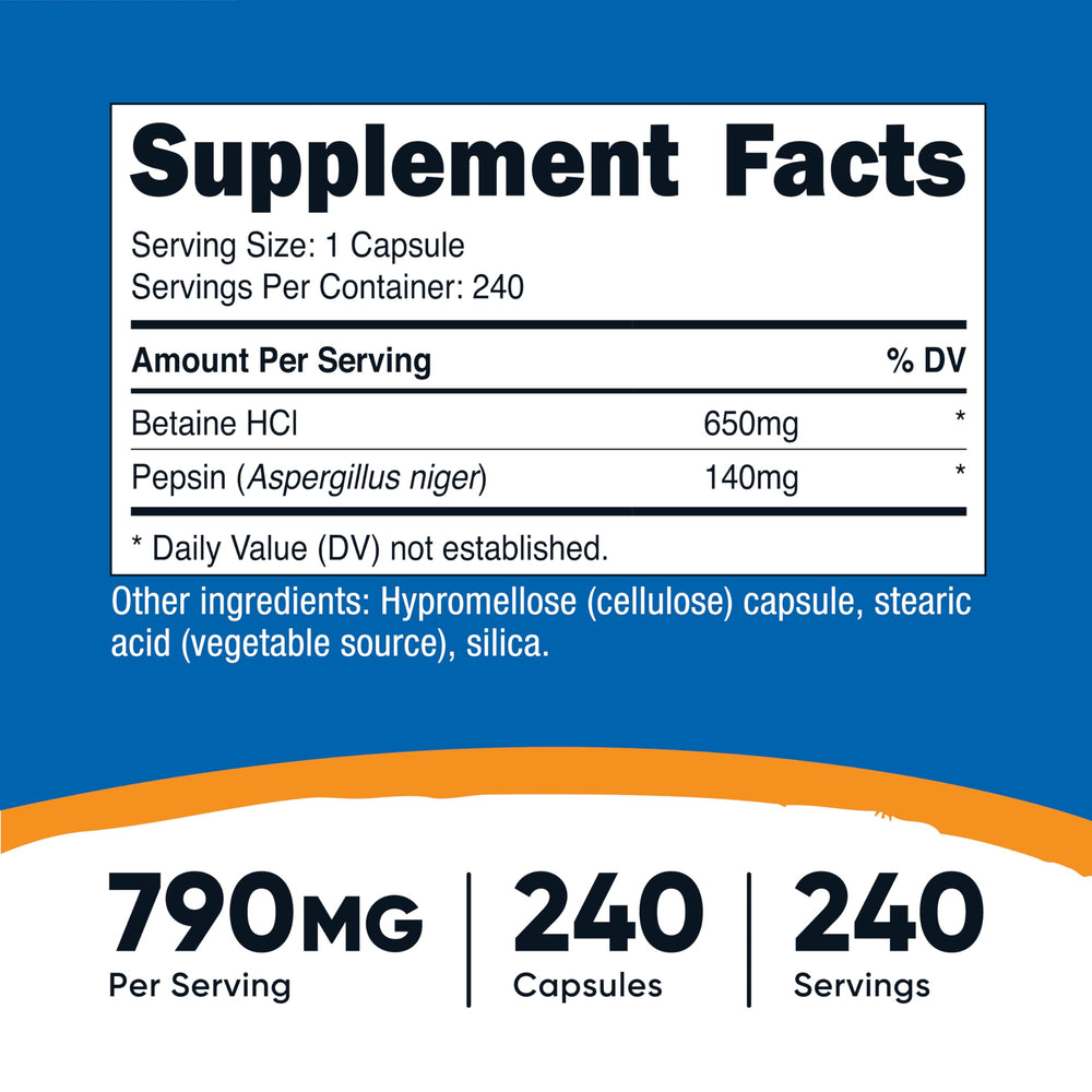 Back label of Nutricost Betaine HCl + Pepsin 790mg 240 capsules